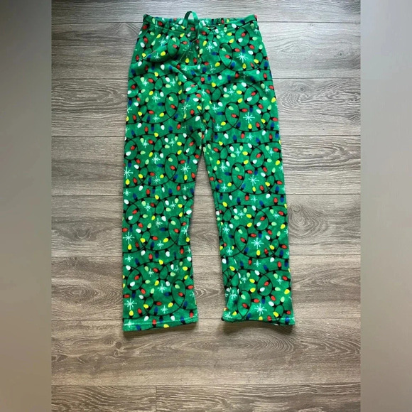 Green Fleece Holiday Christmas Lights Pajama Pants Size L - Picture 1 of 7